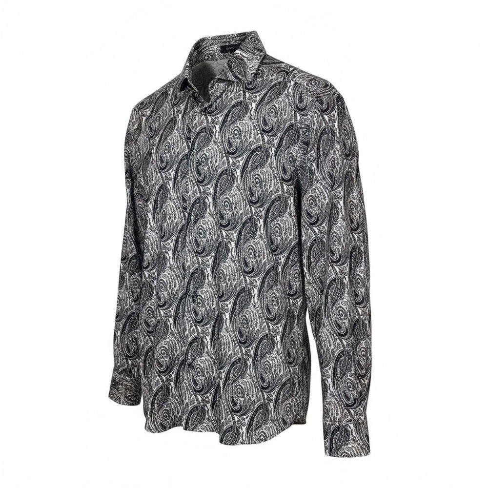 Emanuel Berg Mens 4Flex Paisley Dress Shirt Black White Modern Fit Size L